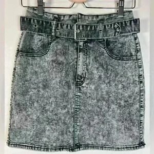 Refuge Denim Acid Wash Black Denim High Waisted Belted Skirt Size Medium